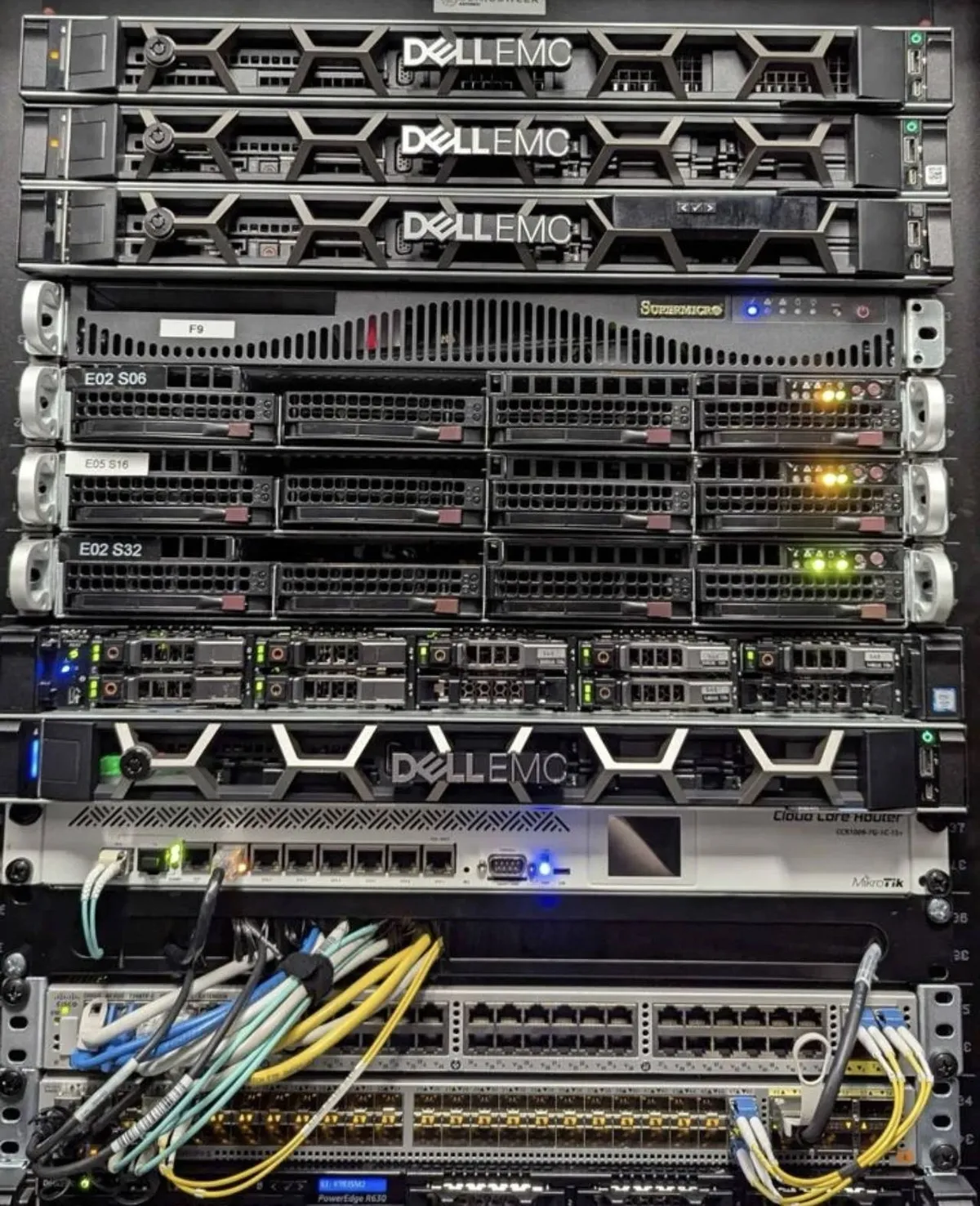 Dell EMC and Supermicro servers, MikroTik router and Cisco switches